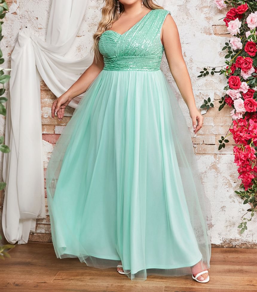 One-Shoulder Sequin Mesh Panel A-Line Evening Dress