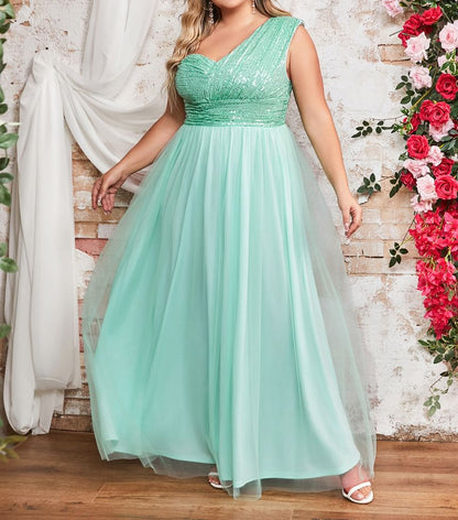 One-Shoulder Sequin Mesh Panel A-Line Evening Dress