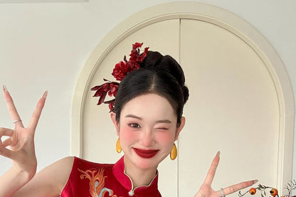 Sleeveless Jacquard Slit Midi Chinese Wedding Qipao