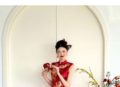 Sleeveless Jacquard Slit Midi Chinese Wedding Qipao