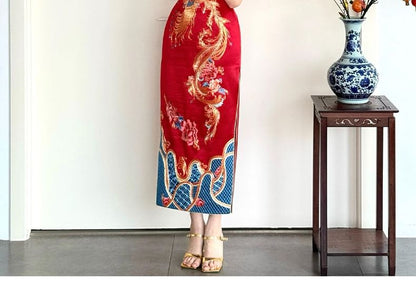 Sleeveless Jacquard Slit Midi Chinese Wedding Qipao