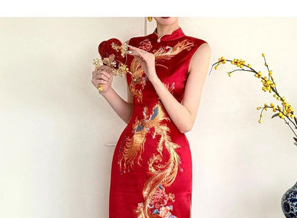 Sleeveless Jacquard Slit Midi Chinese Wedding Qipao