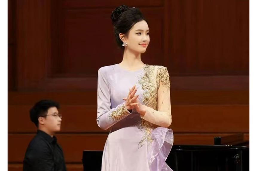 Long-Sleeve Round Neck Ruffle Trim Sequin Panel A-Line Evening Gown