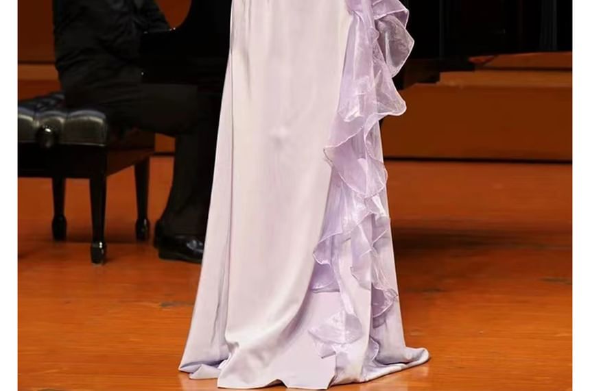 Long-Sleeve Round Neck Ruffle Trim Sequin Panel A-Line Evening Gown