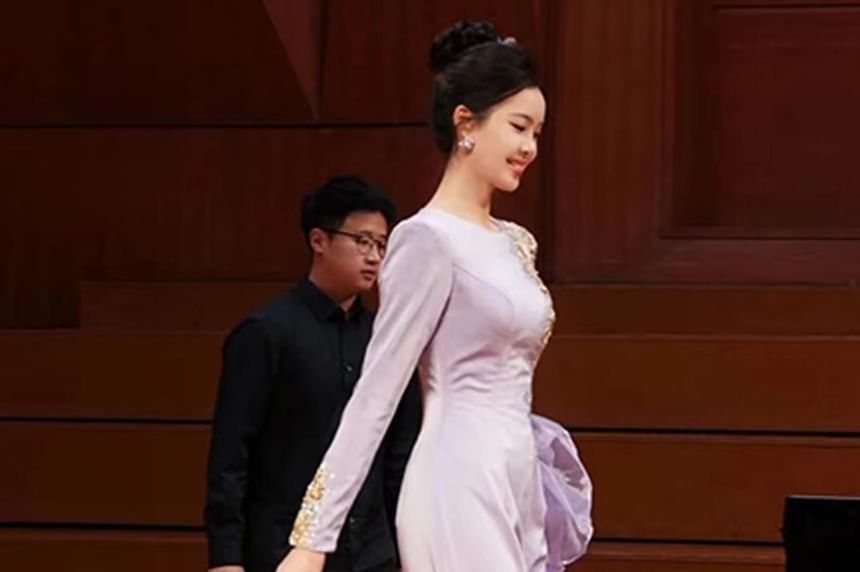Long-Sleeve Round Neck Ruffle Trim Sequin Panel A-Line Evening Gown