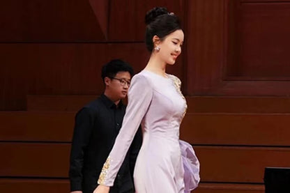Long-Sleeve Round Neck Ruffle Trim Sequin Panel A-Line Evening Gown
