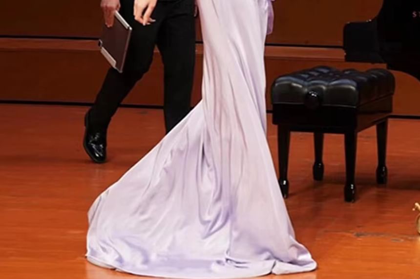 Long-Sleeve Round Neck Ruffle Trim Sequin Panel A-Line Evening Gown