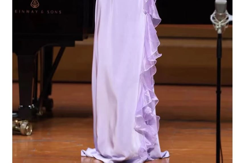 Long-Sleeve Round Neck Ruffle Trim Sequin Panel A-Line Evening Gown
