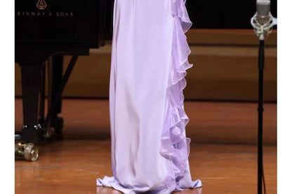 Long-Sleeve Round Neck Ruffle Trim Sequin Panel A-Line Evening Gown