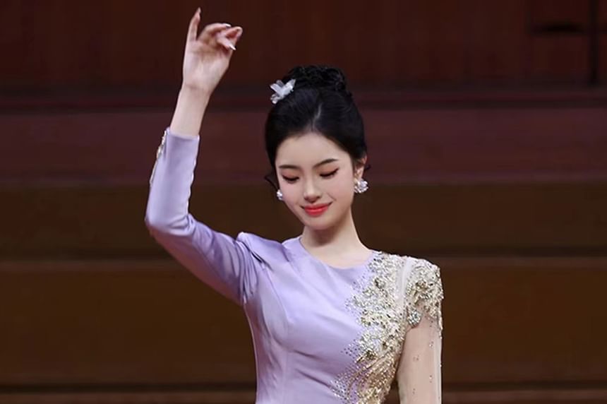 Long-Sleeve Round Neck Ruffle Trim Sequin Panel A-Line Evening Gown