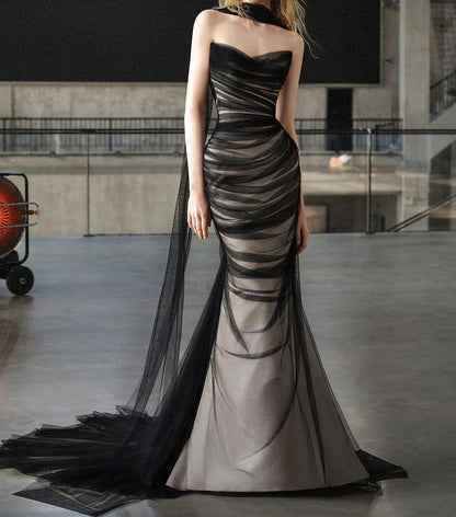 Plain Ruched Mesh Mermaid Tube Evening Gown