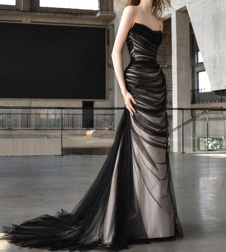 Plain Ruched Mesh Mermaid Tube Evening Gown