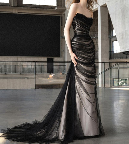 Plain Ruched Mesh Mermaid Tube Evening Gown