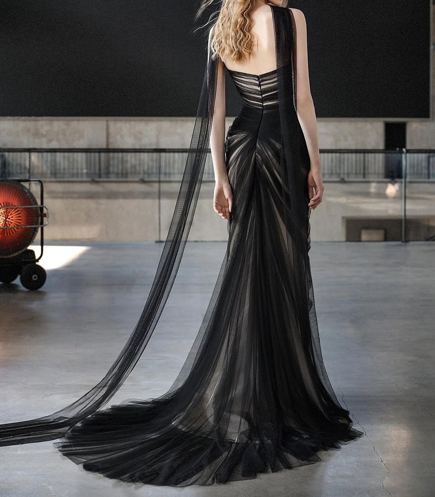 Plain Ruched Mesh Mermaid Tube Evening Gown