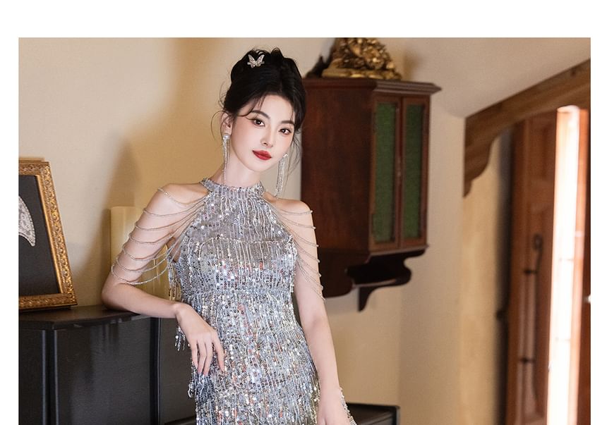 Sleeveless Halter Sequin Fringed Trumpet Evening Gown