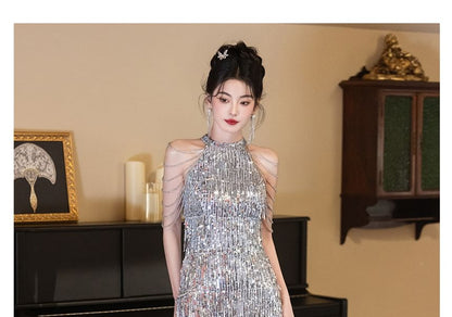 Sleeveless Halter Sequin Fringed Trumpet Evening Gown
