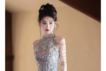 Sleeveless Halter Sequin Fringed Trumpet Evening Gown
