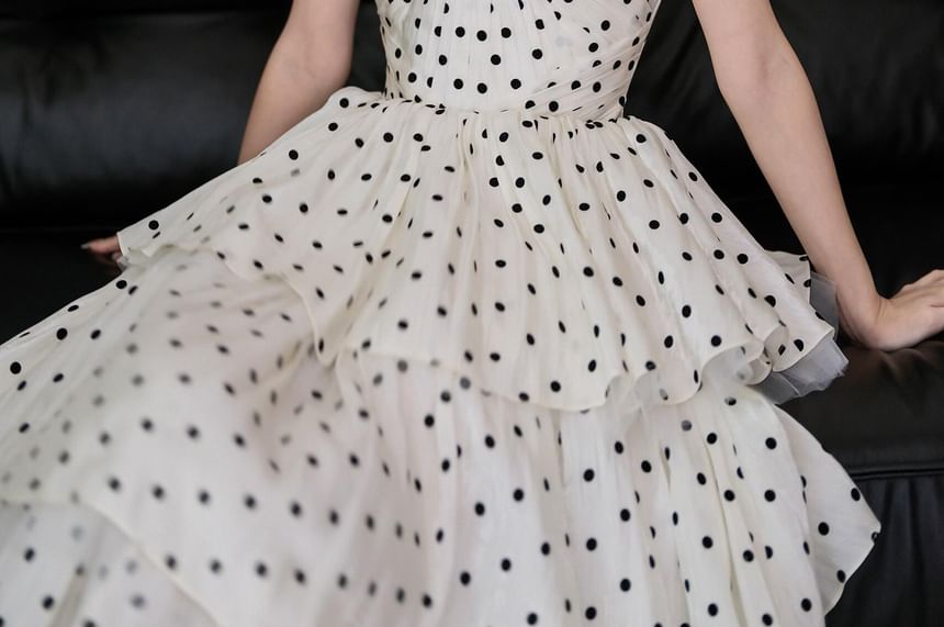 Strapless Dotted Tiered A-Line Corset Evening Gown