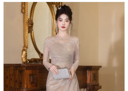 Long-Sleeve Boat Neck Sequin Ruched Trumpet Evening Gown