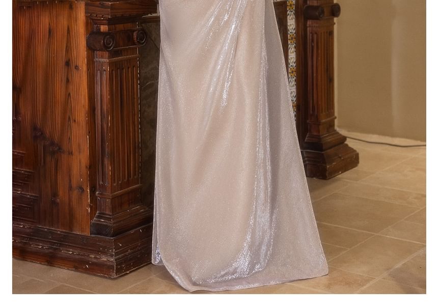 Long-Sleeve Boat Neck Sequin Ruched Trumpet Evening Gown