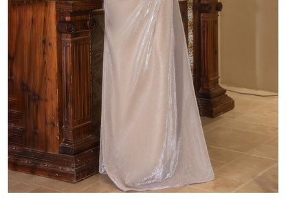 Long-Sleeve Boat Neck Sequin Ruched Trumpet Evening Gown