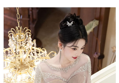 Long-Sleeve Boat Neck Sequin Ruched Trumpet Evening Gown