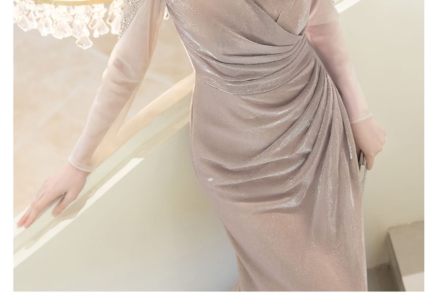 Long-Sleeve Boat Neck Sequin Ruched Trumpet Evening Gown