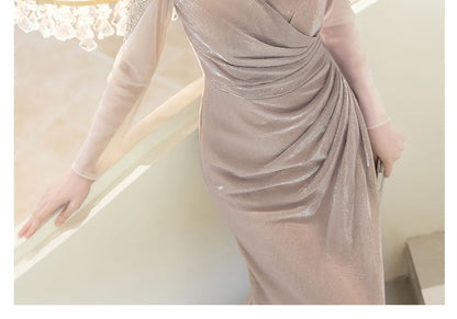 Long-Sleeve Boat Neck Sequin Ruched Trumpet Evening Gown