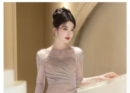 Long-Sleeve Boat Neck Sequin Ruched Trumpet Evening Gown