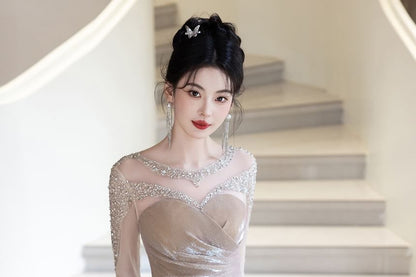 Long-Sleeve Boat Neck Sequin Ruched Trumpet Evening Gown