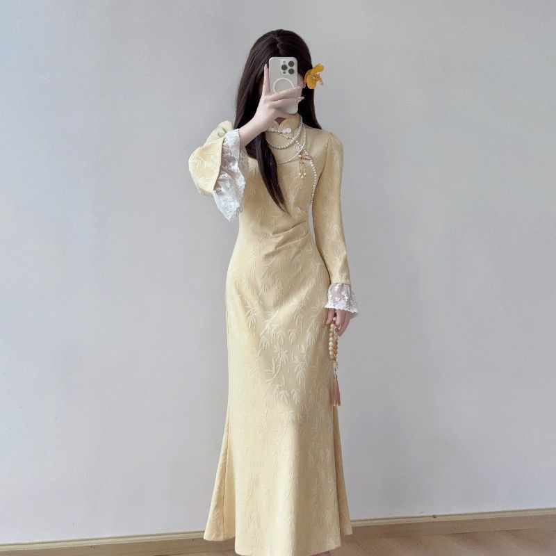 Long-Sleeve Stand Collar Jacquard Lace Panel Ruched Maxi Mermaid Dress