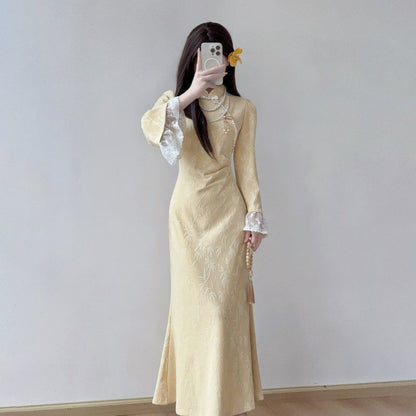 Long-Sleeve Stand Collar Jacquard Lace Panel Ruched Maxi Mermaid Dress