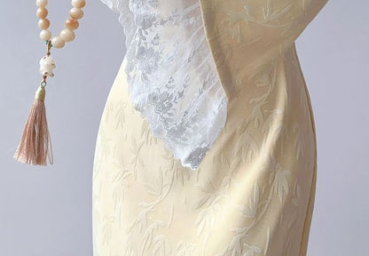Long-Sleeve Stand Collar Jacquard Lace Panel Ruched Maxi Mermaid Dress