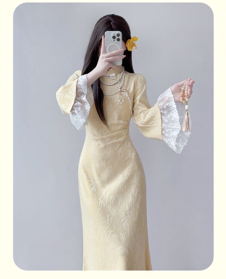 Long-Sleeve Stand Collar Jacquard Lace Panel Ruched Maxi Mermaid Dress