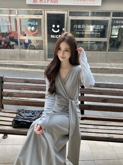 Long Sleeve V-Neck Plain Tie-Up Maxi A-Line Wrap Dress