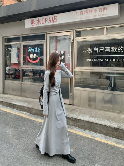 Long Sleeve V-Neck Plain Tie-Up Maxi A-Line Wrap Dress