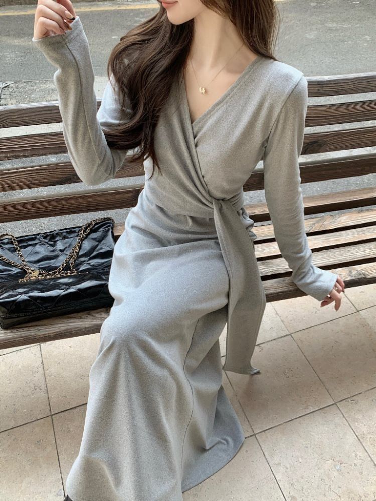 Long Sleeve V-Neck Plain Tie-Up Maxi A-Line Wrap Dress