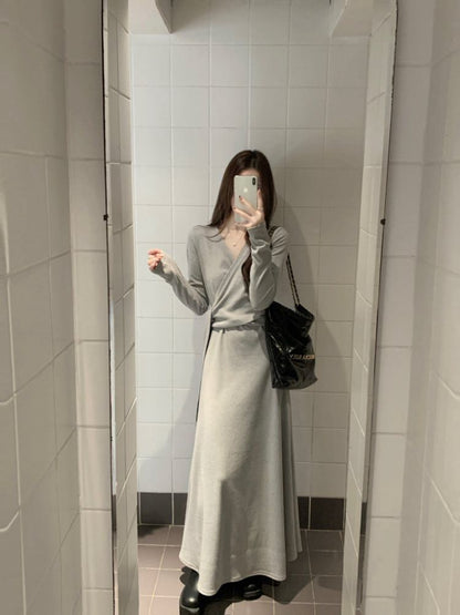 Long Sleeve V-Neck Plain Tie-Up Maxi A-Line Wrap Dress