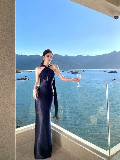 Halter Neck Plain Cutout Open Back Sheath Evening Gown