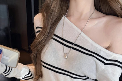 Off-Shoulder Striped Knit Long-Sleeve Pullover