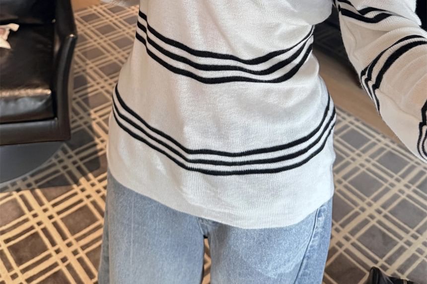 Off-Shoulder Striped Knit Long-Sleeve Pullover