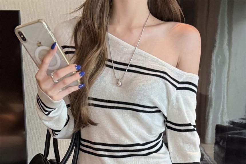 Off-Shoulder Striped Knit Long-Sleeve Pullover