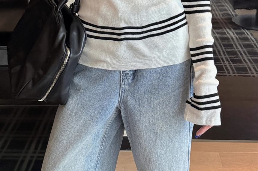 Off-Shoulder Striped Knit Long-Sleeve Pullover