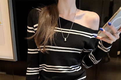 Off-Shoulder Striped Knit Long-Sleeve Pullover