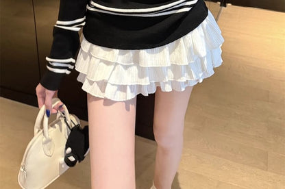 Off-Shoulder Striped Knit Long-Sleeve Pullover