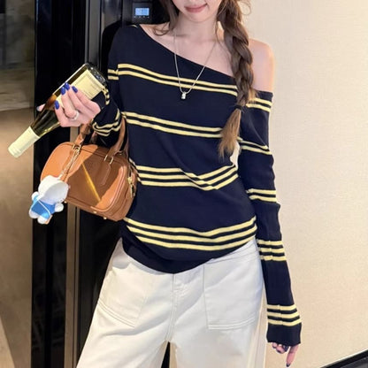 Off-Shoulder Striped Knit Long-Sleeve Pullover
