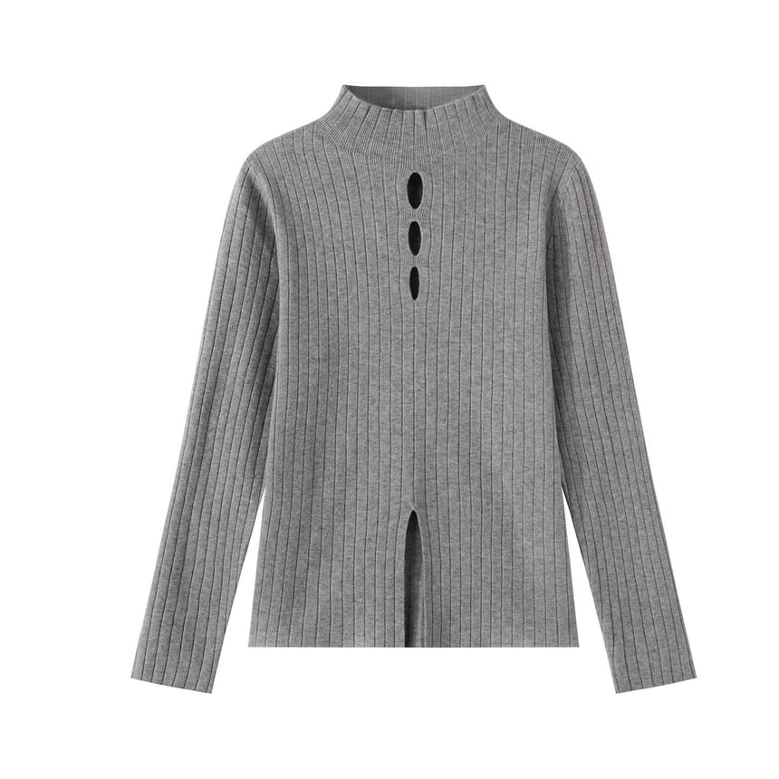 Mock Neck Cutout Slit Knit Long-Sleeve Top
