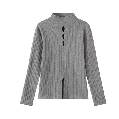 Mock Neck Cutout Slit Knit Long-Sleeve Top