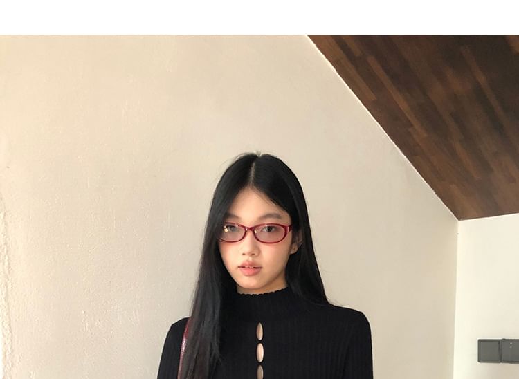 Mock Neck Cutout Slit Knit Long-Sleeve Top