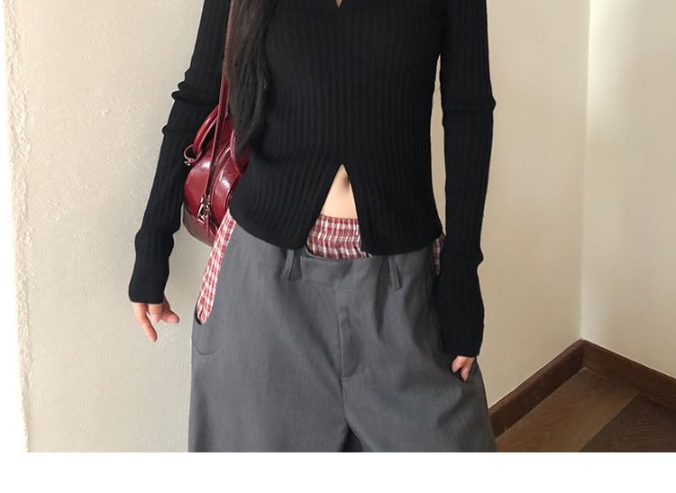 Mock Neck Cutout Slit Knit Long-Sleeve Top